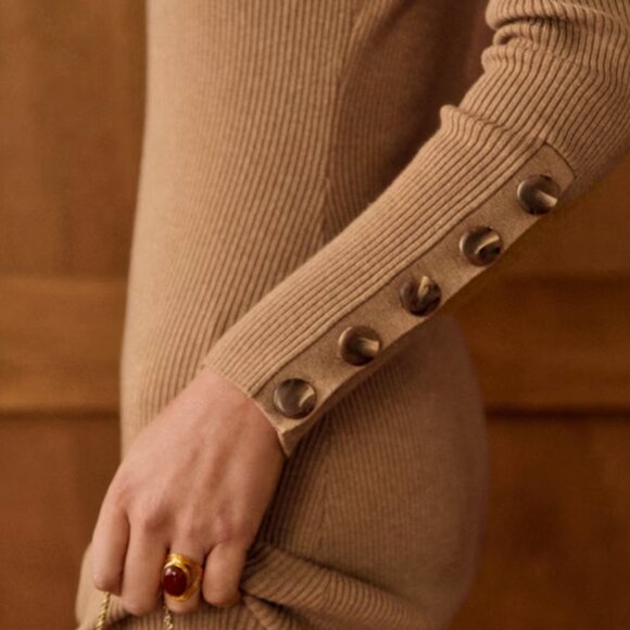 Sezane Hillary Midi Dress XSmall Camel Knit French Merino Wool Elegant Classic - Picture 5 of 13